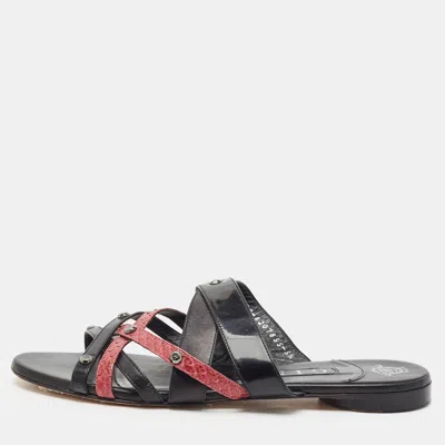 Pre-owned Gina Size 38.5 Black Python And Leather Strap Studd Flat Slide