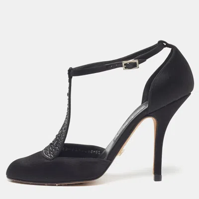Pre-owned Gina Size 38.5 Black Satin Crystal Embellished T-bar Pumps