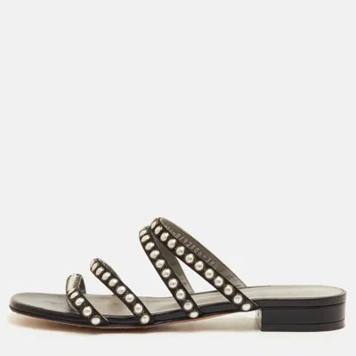 Pre-owned Gina Size 38.5 Black Satin Strappy Embellished Flat Sandals