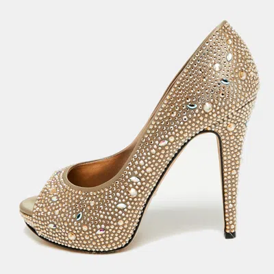 Pre-owned Gina Size 38.5 Gold Satin Peep Toe Pumps