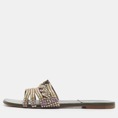 Pre-owned Gina Size 38.5 Green Leather Crystal Embellished Flat Sandals