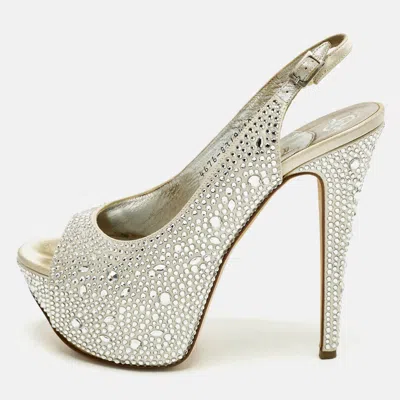 Pre-owned Gina Size 38.5 Light Grey Satin Crystal Embellished Peep Toe Platform Slingback Sandals In Gray
