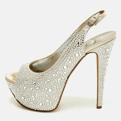 Gina Size 38.5 Light Grey Satin Crystal Embellished Peep Toe Platform Slingback Sandals In White