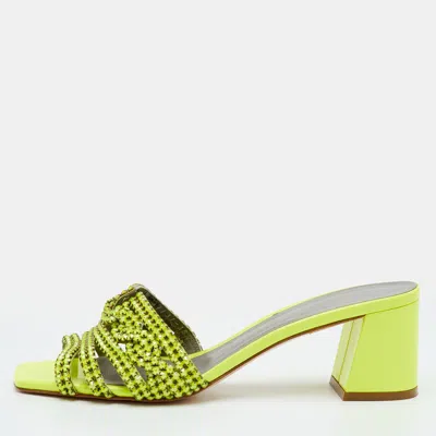 Pre-owned Gina Size 38.5 Neon Yellow Patent Leather Crystal Embellished Slide Sandals