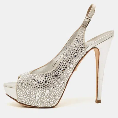 Pre-owned Gina Size 38.5 Silver Leather And Satin Crystal Embellished Platform Slingback Pumps
