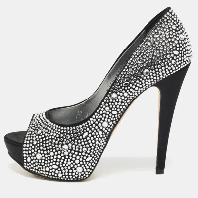 Pre-owned Gina Size 38.5 Silver/black Satin Crystal Embellished Platform Pumps