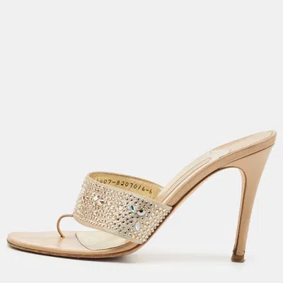 Pre-owned Gina Size 39 Beige Satin Crystal Embellished Thong Slide Sandals