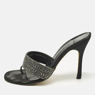 Pre-owned Gina Size 39 Black Leather Crystal Embellished Thong Slide Sandals