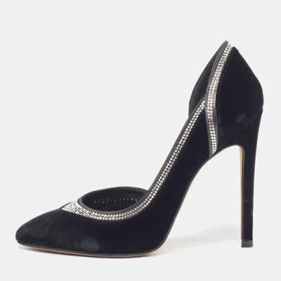 Pre-owned Gina Size 39 Black Velvet Crystal Embellished D'orsay Pumps