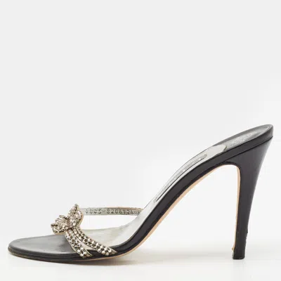 Pre-owned Gina Size 39 Black/silver Leather Crystal Embellished Slide Sandals