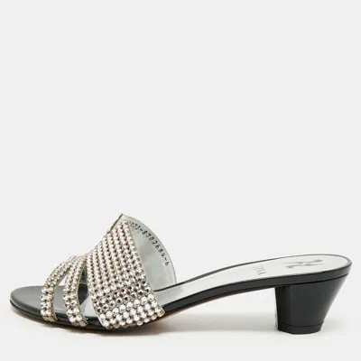 Pre-owned Gina Size 39 Black/silver Leather Crystal Embellished Slide Sandals