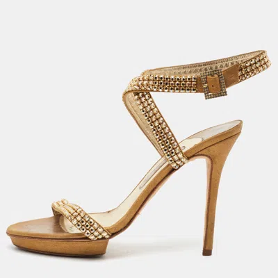 Pre-owned Gina Size 39 Gold Leather Crystal Embellished Ankle Strap Sandals