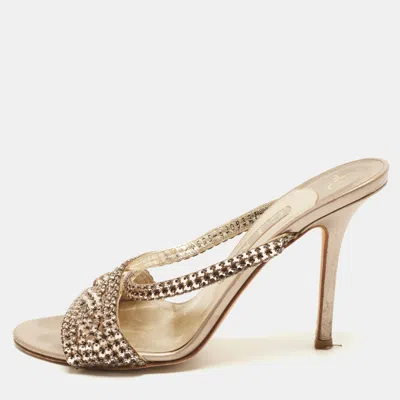 Pre-owned Gina Size 39 Gold Leather Crystal Embellished Slide Sandals