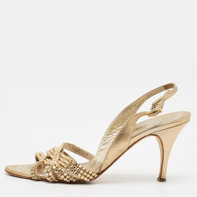 Pre-owned Gina Size 39 Gold Leather Crystal Embellished Slingback Sandals