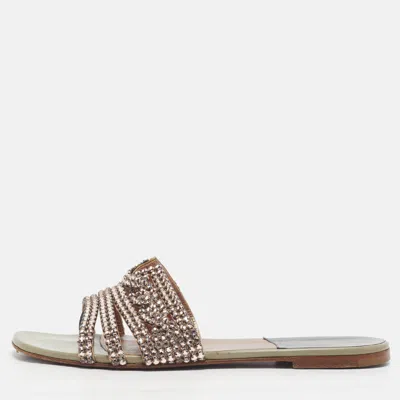 Pre-owned Gina Size 39 Grey Leather Crystal Embellished Flat Slides In Gray
