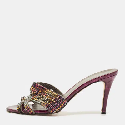 Pre-owned Gina Size 39 Purple Croc Embossed Leather Crystal Embellished Slide Sandals