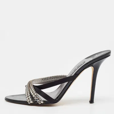 Pre-owned Gina Size 39.5 Black Leather And Satin Crystal Embellished Slide Sandals