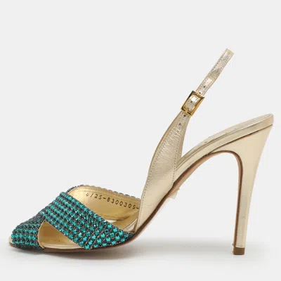 Pre-owned Gina Size 39.5 Gold Crystals And Metalic Leather Slingback Sandals