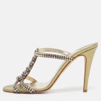 Pre-owned Gina Size 39.5 Green Leather Crystal Embellished Slide Sandals