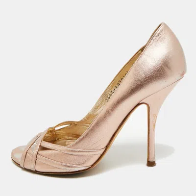 Pre-owned Gina Size 39.5 Metallic Leather Peep Toe Pumps In Silver