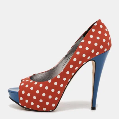 Pre-owned Gina Size 39.5 Red/white Canvas Dot Platform Pumps