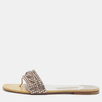 Pre-owned Gina Size 39.5 Yellow Crystal Embellished Leather Flat Sandals