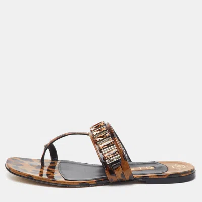 Pre-owned Gina Size 40 Brown Leopard Print Patent Leather Crystal Embellished Flat Sandals