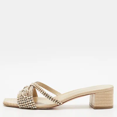 Pre-owned Gina Size 40 Cream Croc Embossed Leather Crystal Embellished Slide Sandals In White