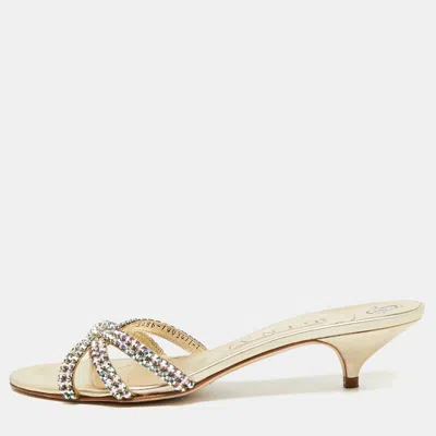 Pre-owned Gina Size 40 Gold Leather Crystal Embellished Slide Sandals