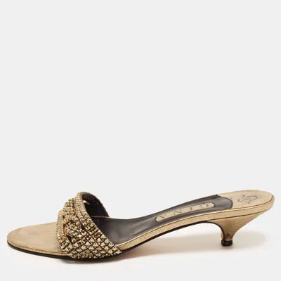 Pre-owned Gina Size 40 Gold Leather Crystal Embellished Slide Sandals