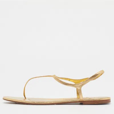 Pre-owned Gina Size 40 Gold Leather Thong Slingback Flat Sandals
