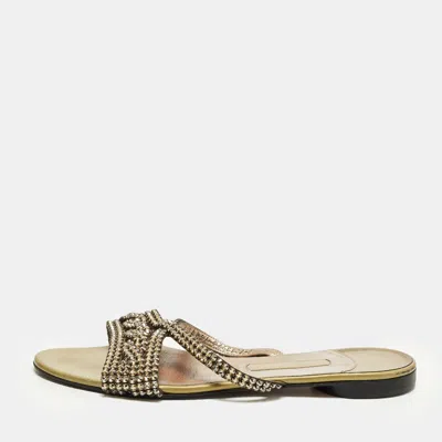 Pre-owned Gina Size 40 Metallic Bronze Leather Crystal Embellished Flat Slide In Silver