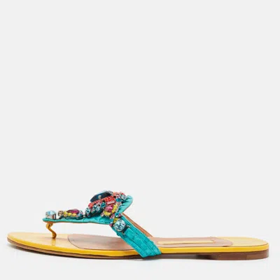 Pre-owned Gina Size 40 Multicolor Python Leather Crystals Embellished Thong Flat Sandals