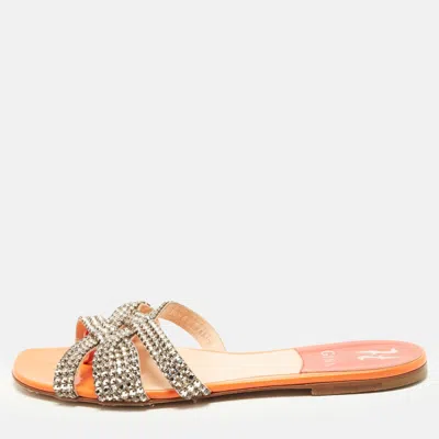 Pre-owned Gina Size 40 Orange/silver Leather Crystal Embellished Flat Slides