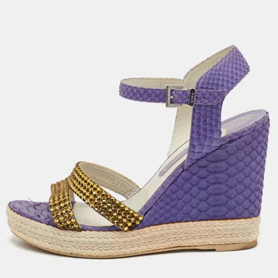 Pre-owned Gina Size 40 Purple Python Leather Crystal Embellished Platform Wedge Ankle Strap Sandals
