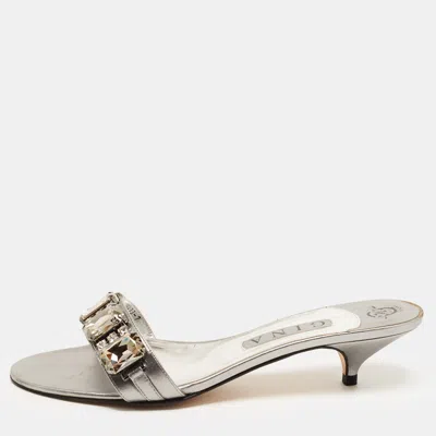 Pre-owned Gina Size 40 Silver Leather Crystal Embellished Slide Sandals