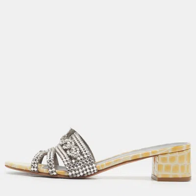 Pre-owned Gina Size 40 Two Tone Croc Embossed Leather Crystal Embellished Block Heel Slide Sandals