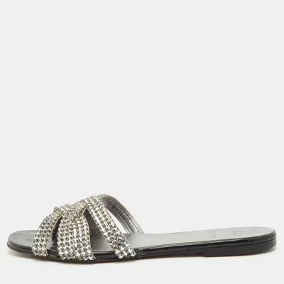 Pre-owned Gina Size 40.5 Black Croc Embossed Leather Crystal Embellished Flat Slide Sandals