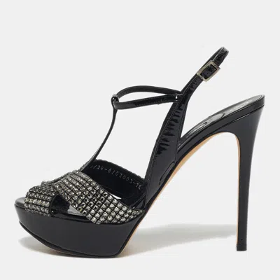 Pre-owned Gina Size 40.5 Black Patent Leather Crystal Embellished T-strap Platform Sandals