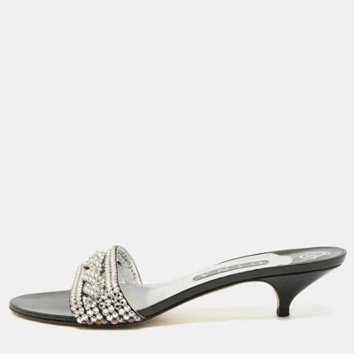 Pre-owned Gina Size 40.5 Black/sliver Leather Crystal Embellished Slide Sandals