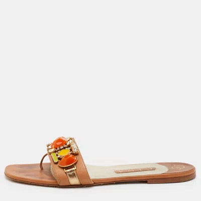Pre-owned Gina Size 40.5 Brown Leather Crystal Embellished Flat Sandals
