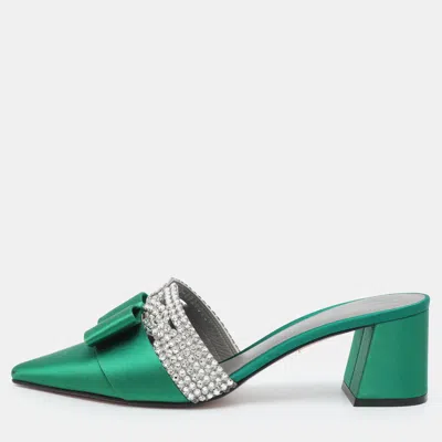 Pre-owned Gina Size 40.5 Green Crystals And Satin Mules