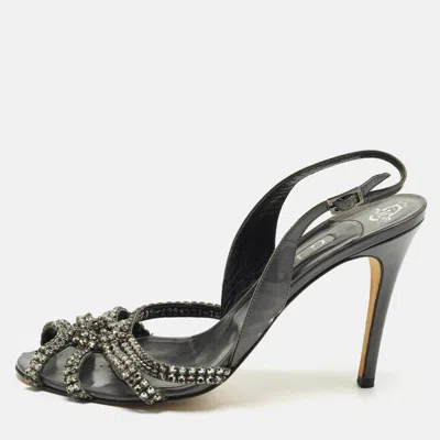Pre-owned Gina Size 40.5 Grey Patent Leather Crystal Embellished Slingback Sandals In Gray