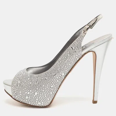 Pre-owned Gina Size 40.5 Silver Crystals And Satin Slingback Platform Sandals