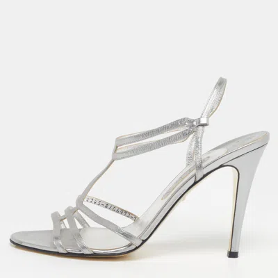Pre-owned Gina Size 40.5 Silver Leather Slingback Sandals