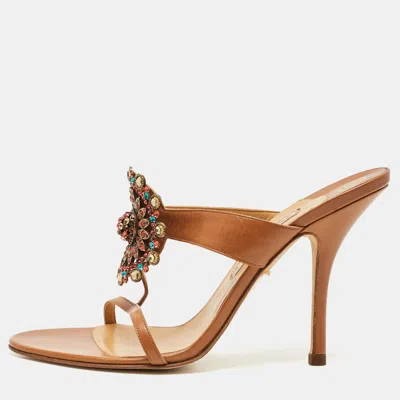 Pre-owned Gina Size 40.5 Tan Leather Crystal Embellished Slide Sandals In Brown