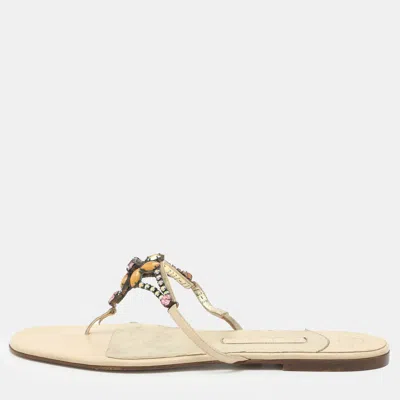 Pre-owned Gina Size 41 Beige Crystals And Leather Thong Flats