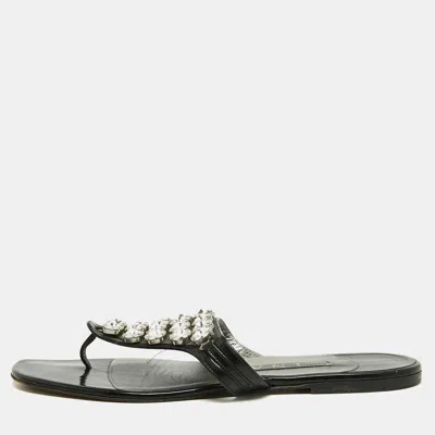 Pre-owned Gina Size 41 Black Patent Leather Crystal Embellished Thong Flat Slides