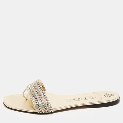 Pre-owned Gina Size 41 Gold Leather Crystal Embellished Flat Sandals