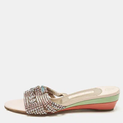 Pre-owned Gina Size 41 Multicolor Leather Crystal Embellished Wedge Sandals